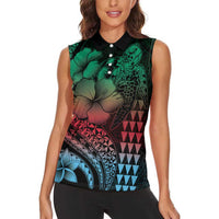 Hawaiian Sea Turtle Women Sleeveless Polo Shirt Green Hibiscus Flowers and Kakau Pattern
