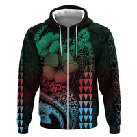 Hawaiian Sea Turtle Zip Hoodie Green Hibiscus Flowers and Kakau Pattern
