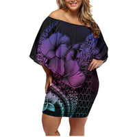 Hawaiian Sea Turtle Family Matching Off Shoulder Short Dress and Hawaiian Shirt Pink Hibiscus Flowers and Kakau Pattern