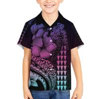 Hawaiian Sea Turtle Family Matching Off Shoulder Short Dress and Hawaiian Shirt Pink Hibiscus Flowers and Kakau Pattern