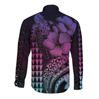 Hawaiian Sea Turtle Long Sleeve Button Shirt Pink Hibiscus Flowers and Kakau Pattern