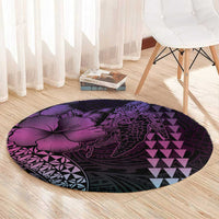 Hawaiian Sea Turtle Round Carpet Pink Hibiscus Flowers and Kakau Pattern