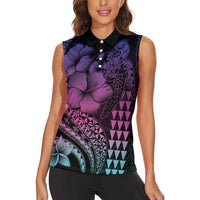 Hawaiian Sea Turtle Women Sleeveless Polo Shirt Pink Hibiscus Flowers and Kakau Pattern