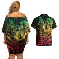 Hawaiian Sea Turtle Couples Matching Off Shoulder Short Dress and Hawaiian Shirt Reggae Hibiscus Flowers and Kakau Pattern