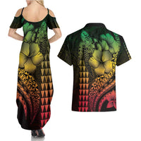Hawaiian Sea Turtle Couples Matching Summer Maxi Dress and Hawaiian Shirt Reggae Hibiscus Flowers and Kakau Pattern