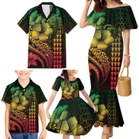Hawaiian Sea Turtle Family Matching Mermaid Dress and Hawaiian Shirt Reggae Hibiscus Flowers and Kakau Pattern