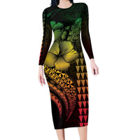 Hawaiian Sea Turtle Long Sleeve Bodycon Dress Reggae Hibiscus Flowers and Kakau Pattern