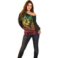 Hawaiian Sea Turtle Off Shoulder Sweater Reggae Hibiscus Flowers and Kakau Pattern