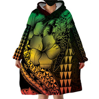 Hawaiian Sea Turtle Wearable Blanket Hoodie Reggae Hibiscus Flowers and Kakau Pattern
