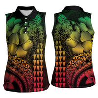 Hawaiian Sea Turtle Women Sleeveless Polo Shirt Reggae Hibiscus Flowers and Kakau Pattern