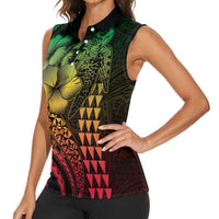 Hawaiian Sea Turtle Women Sleeveless Polo Shirt Reggae Hibiscus Flowers and Kakau Pattern