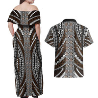 Brown Tongan Polynesian Tribal Couples Matching Off Shoulder Maxi Dress and Hawaiian Shirt - Polynesian Pride