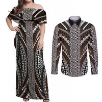 Brown Tongan Polynesian Tribal Couples Matching Off Shoulder Maxi Dress and Long Sleeve Button Shirt - Polynesian Pride