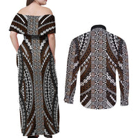 Brown Tongan Polynesian Tribal Couples Matching Off Shoulder Maxi Dress and Long Sleeve Button Shirt - Polynesian Pride