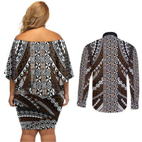 Brown Tongan Polynesian Tribal Couples Matching Off Shoulder Short Dress and Long Sleeve Button Shirt - Polynesian Pride