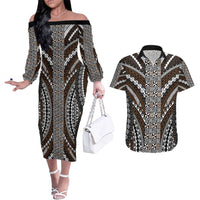 Brown Tongan Polynesian Tribal Couples Matching Off The Shoulder Long Sleeve Dress and Hawaiian Shirt - Polynesian Pride