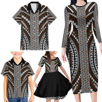 Brown Tongan Polynesian Tribal Family Matching Long Sleeve Bodycon Dress and Hawaiian Shirt - Polynesian Pride