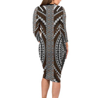 Brown Tongan Polynesian Tribal Family Matching Long Sleeve Bodycon Dress and Hawaiian Shirt - Polynesian Pride