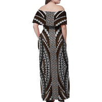 Brown Tongan Polynesian Tribal Family Matching Off Shoulder Maxi Dress and Hawaiian Shirt - Polynesian Pride