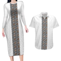 Light Gray Tongan Polynesian Tribal Couples Matching Long Sleeve Bodycon Dress and Hawaiian Shirt - Polynesian Pride