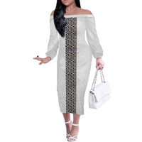 Light Gray Tongan Polynesian Tribal Family Matching Off The Shoulder Long Sleeve Dress and Hawaiian Shirt - Polynesian Pride