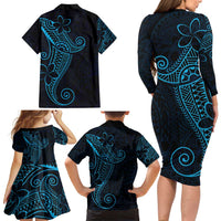 Black Blue Polynesian Tribal Family Matching Long Sleeve Bodycon Dress and Hawaiian Shirt LT9 - Polynesian Pride