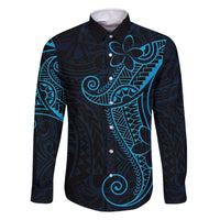 Black Blue Polynesian Tribal Family Matching Off The Shoulder Long Sleeve Dress and Hawaiian Shirt - Polynesian Pride