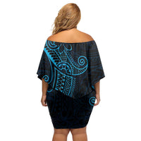 Black Blue Polynesian Tribal Family Matching Off Shoulder Short Dress and Hawaiian Shirt - Polynesian Pride