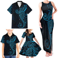 Black Blue Polynesian Tribal Family Matching Tank Maxi Dress and Hawaiian Shirt - Polynesian Pride