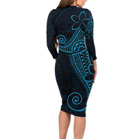 Black Blue Polynesian Tribal Long Sleeve Bodycon Dress - Polynesian Pride