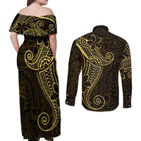 Black Gold Polynesian Tribal Couples Matching Off Shoulder Maxi Dress and Long Sleeve Button Shirt - Polynesian Pride