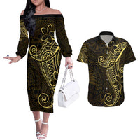 Black Gold Polynesian Tribal Couples Matching Off The Shoulder Long Sleeve Dress and Hawaiian Shirt - Polynesian Pride