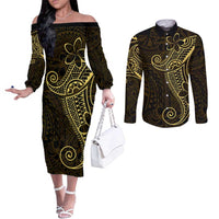 Black Gold Polynesian Tribal Couples Matching Off The Shoulder Long Sleeve Dress and Long Sleeve Button Shirt - Polynesian Pride