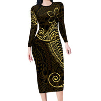Black Gold Polynesian Tribal Family Matching Long Sleeve Bodycon Dress and Hawaiian Shirt LT9 Mom's Dress Gold - Polynesian Pride