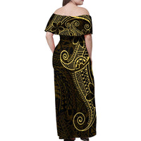 Black Gold Polynesian Tribal Family Matching Off Shoulder Maxi Dress and Hawaiian Shirt - Polynesian Pride