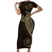Black Gold Polynesian Tribal Family Matching Short Sleeve Bodycon Dress and Hawaiian Shirt LT9 Mom's Dress Gold - Polynesian Pride