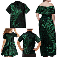 Black Green Polynesian Tribal Family Matching Off Shoulder Maxi Dress and Hawaiian Shirt - Polynesian Pride