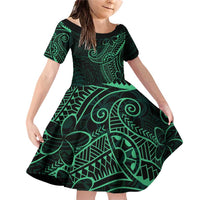 Black Green Polynesian Tribal Family Matching Off Shoulder Short Dress and Hawaiian Shirt - Polynesian Pride