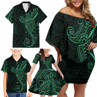 Black Green Polynesian Tribal Family Matching Off Shoulder Short Dress and Hawaiian Shirt - Polynesian Pride