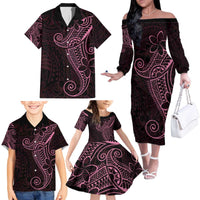 Black Pink Polynesian Tribal Family Matching Off The Shoulder Long Sleeve Dress and Hawaiian Shirt - Polynesian Pride