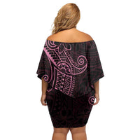 Black Pink Polynesian Tribal Family Matching Off Shoulder Short Dress and Hawaiian Shirt - Polynesian Pride