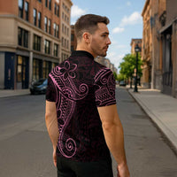 Black Pink Polynesian Tribal Zipper Polo Shirt - Polynesian Pride