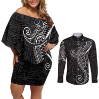 Black White Polynesian Tribal Couples Matching Off Shoulder Short Dress and Long Sleeve Button Shirt LT9 White - Polynesian Pride
