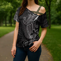 Black White Polynesian Tribal Cross Shoulder Shirt - Polynesian Pride