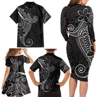 Black White Polynesian Tribal Family Matching Long Sleeve Bodycon Dress and Hawaiian Shirt - Polynesian Pride