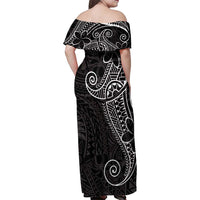 Black White Polynesian Tribal Family Matching Off Shoulder Maxi Dress and Hawaiian Shirt - Polynesian Pride
