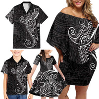 Black White Polynesian Tribal Family Matching Off Shoulder Short Dress and Hawaiian Shirt - Polynesian Pride