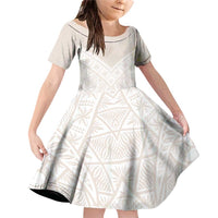 Lotu Tamaiti Tongan Polynesian Art Pattern Family Matching Off Shoulder Short Dress and Hawaiian Shirt Traditional Tribal Motifs LT9 Daughter's Dress White - Polynesian Pride