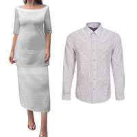 Lotu Tamaiti White Tongan Ngatu Couples Matching Puletasi and Long Sleeve Button Shirt Polynesian Tribal Fonulei Pattern - Polynesian Pride
