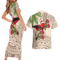 Christmas Hawaii with I'iwi Bird Couples Matching Short Sleeve Bodycon Dress and Hawaiian Shirt Aloha Mele Kalikimaka - Beige Art